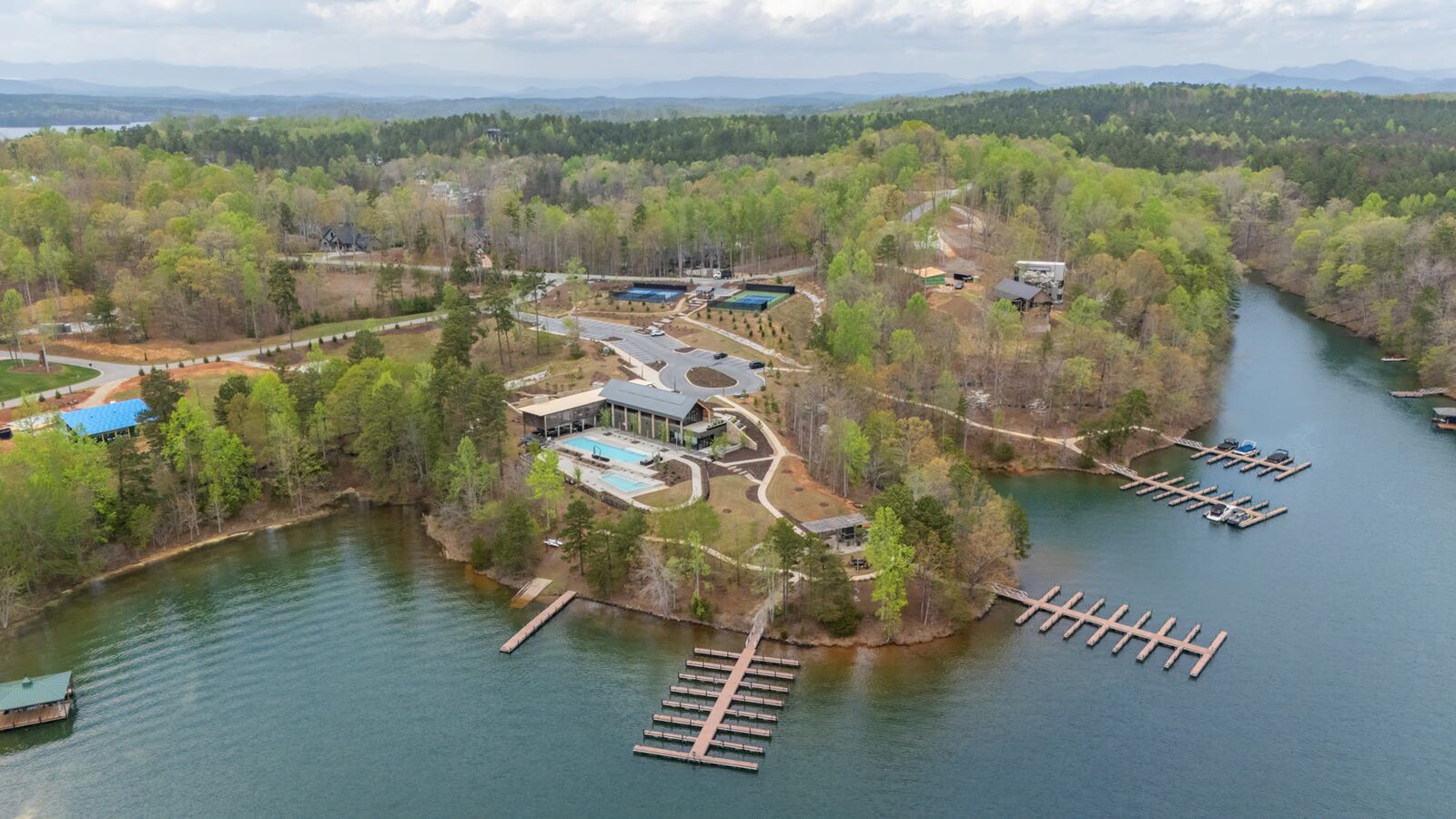 Aerial of the Lake Keowee waterfront at The Cliffs at Keowee Springs